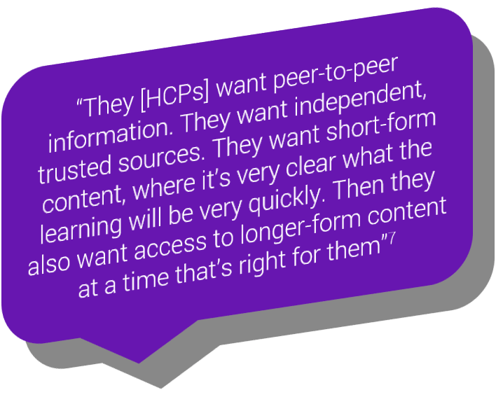 HCPs want peer-to-peer information. They want independent, trusted sources. They want short-form content, where it’s very clear what the learning will be very quickly. Then they also want access to longer-form content at a time that’s right for them